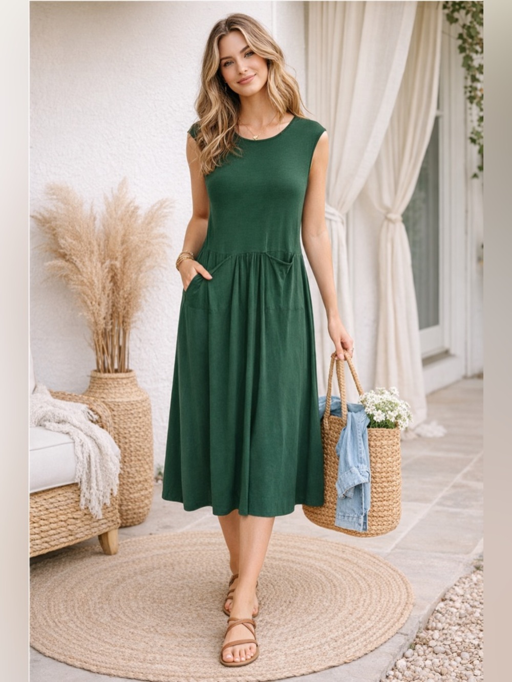 FP Free People Beach Green Dress With Pockets Women's Size XS Scoop Neckline 54"